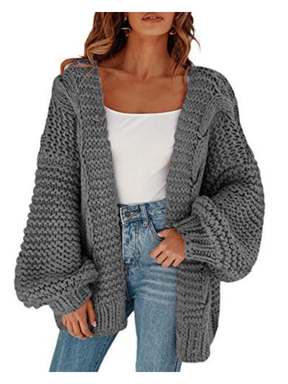 Chunky Knit Open Front Cardigan Loose Lantern Sleeve Oversized Sweater Coat